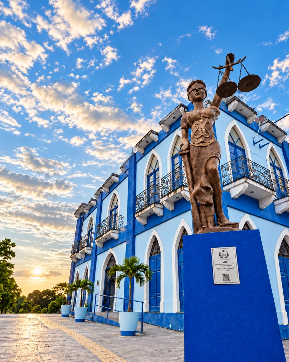 Fachada azul da FAESB ao amanhecer, com a estátua da justiça em primeiro plano